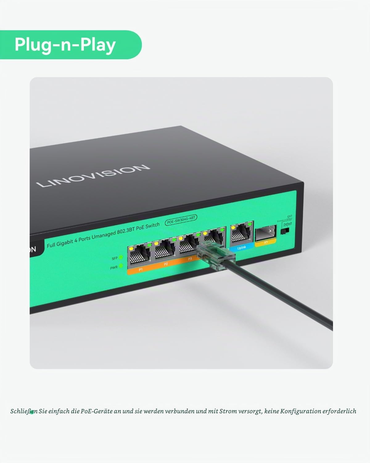 LINOVISION 4-Port PoE Switch, Gigabit, 4 BT 90W Ports, 1 GE und 1 SFP Uplink, IEEE 802.3, 96W Gesamtleistung, 250m Reichweite