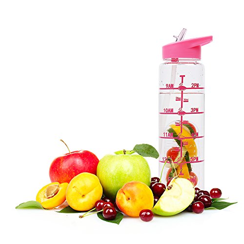 32oz Straw Water Bottles, Large Infused Fruit Water Infusion Bottles Time Markings, BPA Free Leak Proof Sport Travel Water Bottle with Measurements, Office Detox Infuser Tritan Drinking Bottle, Pink