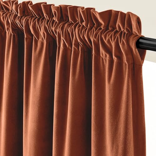 Image of Burnt Orange Velvet Curtains Warm Rod Pocket 52x84 Inch 2 Panels | Soft Velvet, Room Darkening, For Bedroom & Living Space, Light Shifting Texture, Elegant Drape, Luxury