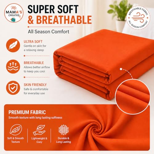 Image of King Size Bed Sheet - 600 Thread Count Single Flat Sheet Only - Long Staple Egyptian Cotton Top Sheet Wrinkle & Fade Resistant - Orange
