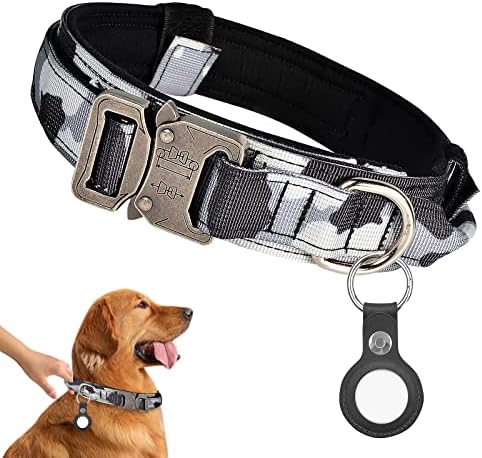 JMPET Tactical Dog Collar - Adjustable Nylon with Handle, Metal Reinforced Buckle D Ring Quick Release Military Training Collar, Including AirTag Protective Sleeve, Suitable for Medium and Large Dogs