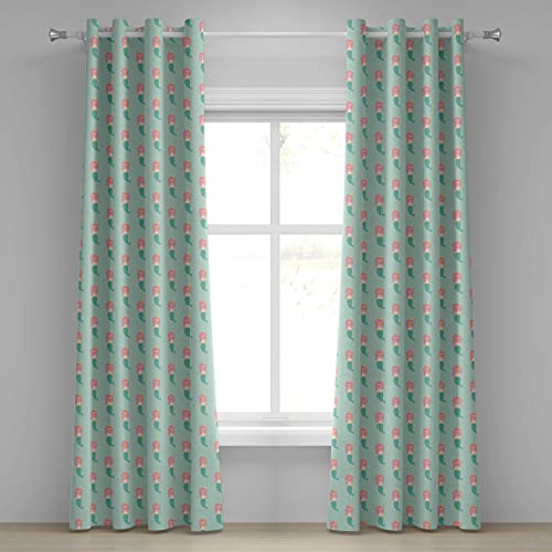 Lunarable Mermaid Grommet Curtain, Pink Haired Girls Crowns Young Cartoon Underwater Fiction Woman, Decorative 2-Panel Window Drapes for Bedroom Living Room, 50
