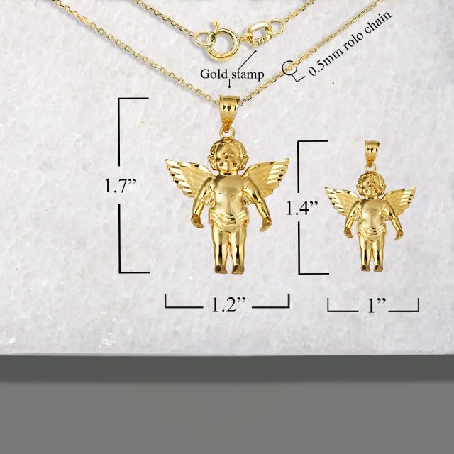 Collana con ciondolo grande a forma di ali di angelo e cherubino custode, in vero oro massiccio 14 kt