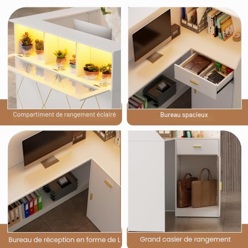 MSFE Comptoir de Réception avec LED, Moderner Comptoir Caisse Comptoirs Accueil avec Tiroir et Armoire et étagère D'exposition Comptoirs Caisse Salon de Coiffure,Bureau,Boutique, 126x93x111cm (Blanc) – vue 4