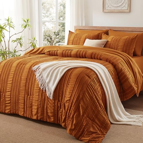 Burnt Orange Tufted Textured Comforter Set Queen Size, 7 Piece