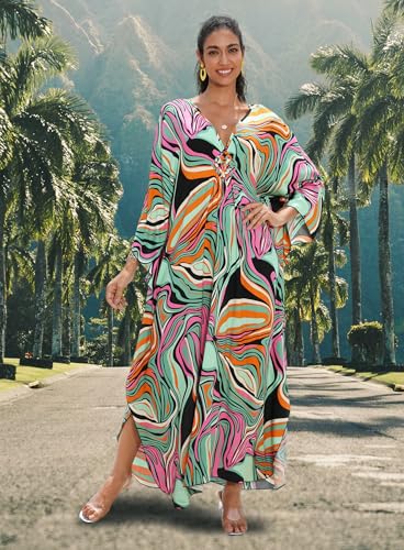 Image of Yanziliu Kaftan Dress for Women,Plus Size Hawaiian Batwing Sleeve Beach Cover Up Summer Swimsuit Dresses