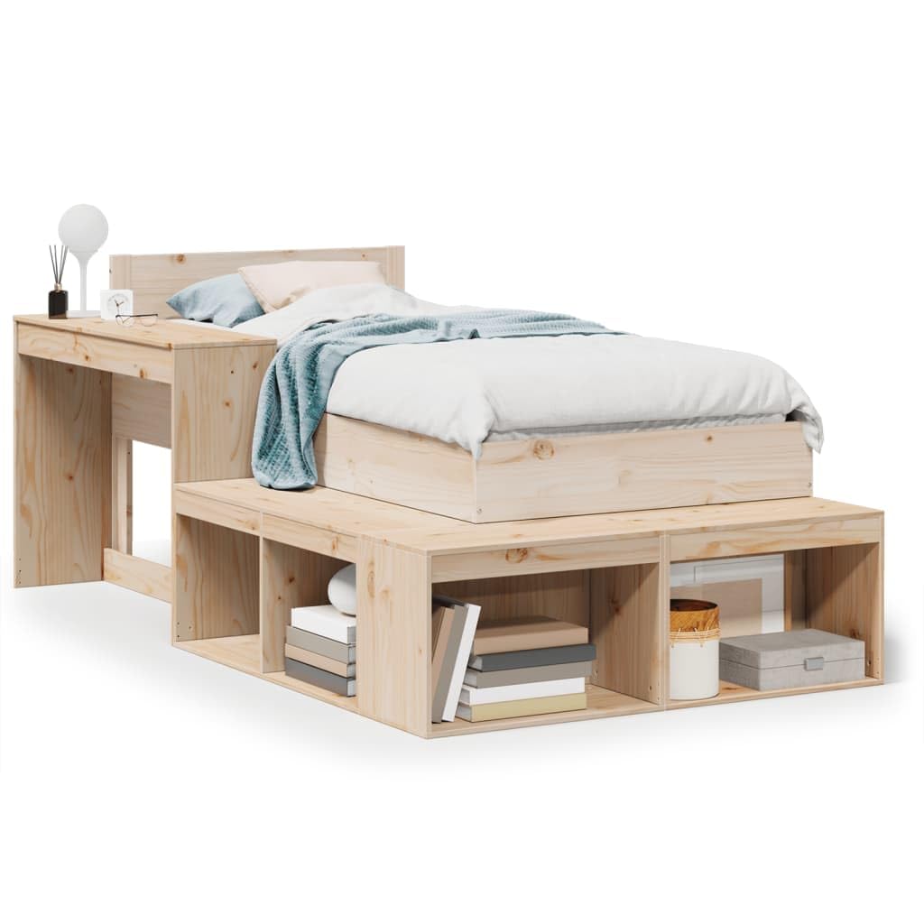 vidaXL Massivholzbett, Einzelbett Holzbett ohne Matratze, Bettgestell mit Lattenrost Kopfteil, Bett Nachttisch mit Schreibtisch, 90x200cm Kiefernholz