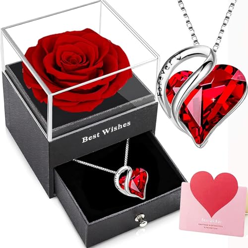 Ewige Rose mit Kette Damen Silber 925,Infinity Roses mit Rubin Geburtsstein kette,Konservierte Blumen Geschenkbox,Rote Kristall Herz Halskette,Frauen Anhänger am Valentinstag Weihnacht Muttertag