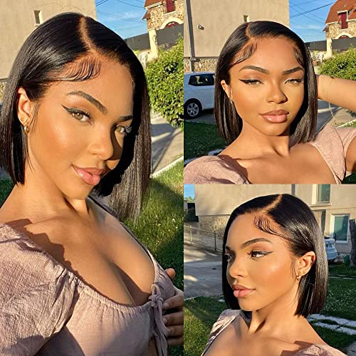 Karlami Bob Wig Human Hair Straight HD Lace Front Bob Wigs for Black Women Human Hair Pre Plucked Glueless Side Part Middle Part C Part 180% Density Human Hair Natural Black 13X6 8 Inch