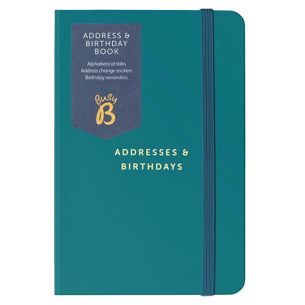 Busy B Address & Birthday Book - Teal Cover with Alphabetical Tabs, Address Change Stickers, Birthday Reminders, Handy Pockets & Elastic Closure Band