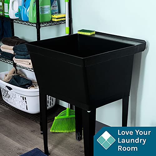 Image of 19 Gallon Utility Sink Laundry Tub by JS Jackson Supplies with Adjustable Metal Legs, Ideal for Laundry room, Basement, or Garage Workshop. Heavy Duty Shop Sink. No Faucet Included (Black)
