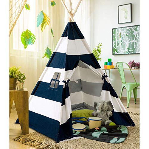 HONEY JOY Indian Play Tent 5' Cotton Canvas Children Playhouse with Carry Bag Kids Teepee (Blue & White Stripe)