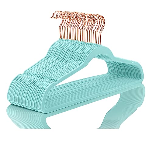 Image of MIZGI Premium Velvet Hangers (50 Pack) Heavy Duty - Non Slip Felt Hangers - Aqua Blue - Rose Gold Hooks,Space Saving Clothes Hangers,Durable Strong Hangers for Suits,Coats