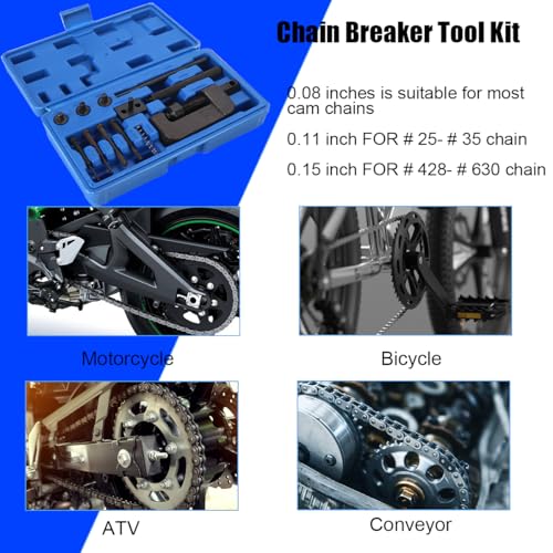 Image of Motorcycle Chain Brake Tool Kit, 13PCS Motorbike Chain Braker Set with C Frame 3 Anvils 4 Brake Tips, Dirtbike Link Repair Removal Tool, Fit for Cam & 25 to 630 Chains