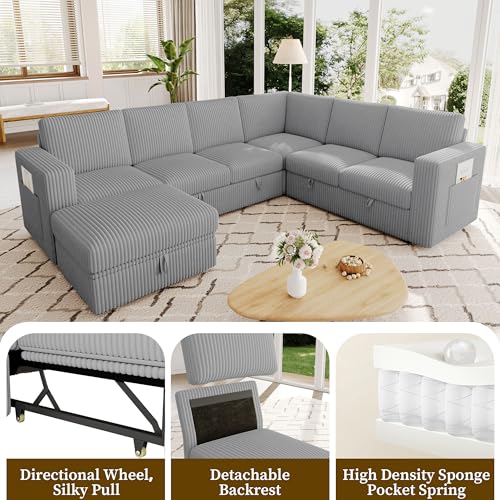 Image of 106.7 inch Corduroy Sectional Sleeper Sofa, Pull Out Couch with Storage, Gray | 7 Seat Comfy Couches for Living Room, Apartments, or Guest Spaces; Sectionals Modular Sofa Design, Comfortable Seating.