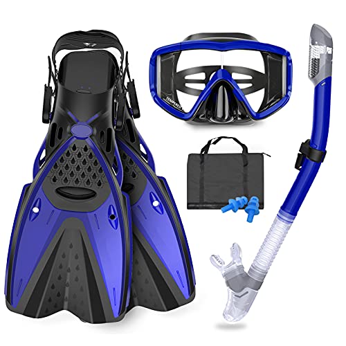 GoOsprey Mask Fins Snorkeling Gear for Adults Men Women, Swim Goggles 180° Panoramic View Diving Mask Anti-Fog Anti-Leak&Dry Top Snorkel and Dive Flippers with Gear Bag for Snorkeling Swimming
