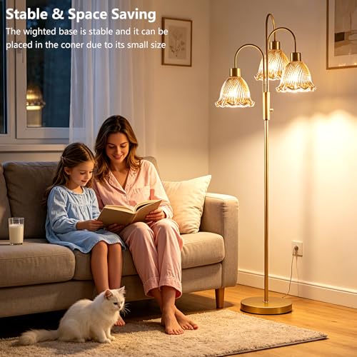 Image of 3-Light Glass Floor Lamp for Living Room, 70 inch Gold Dimmable Standing Tall Lamp with Amber Glass Shades &3PCS 3000K Warm White Bulbs for Wedding /Party, Modern Tree Pole Lamp for Bedroom Home Decor