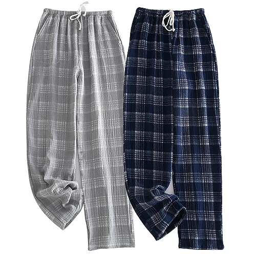 2 Pack Men's Cotton Pajama Bottoms Lightweight Sleep Lounge Pants Plaid Sleepwear Long Pj Pants With Pocket