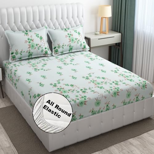 Image of Fresh From Loom Floral Print 240 TC Microfiber Fitted King Size Bedsheet Set with 2 Pillow Cover - Hypoallergenic & Soft (Size - 78 x 72 Inches (Fits up to 10 Inch) | Cyan, Floral Design)