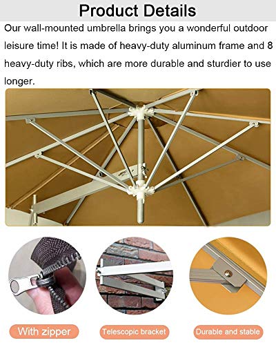 Wall-Mounted Patio Parasol Umbrella with Metal Pole, Outdoor Sun Shade Canopy Umbrellas for Pool Garden Beach, Waterproof - Image 7