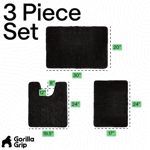 Image of GORILLA GRIP Bathroom Rug Sets 3 Piece, Bath Mat Set and Oval Toilet Base with Rubber Backing, Plush Absorbent Shaggy Chenille Washable Mats, Includes 24x19.5, 24x17 and 30x20 Inch Rugs, Black