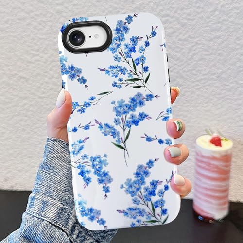 Coque iPhone 16E rigide anti-rayure fleur bleue avec verres 9H