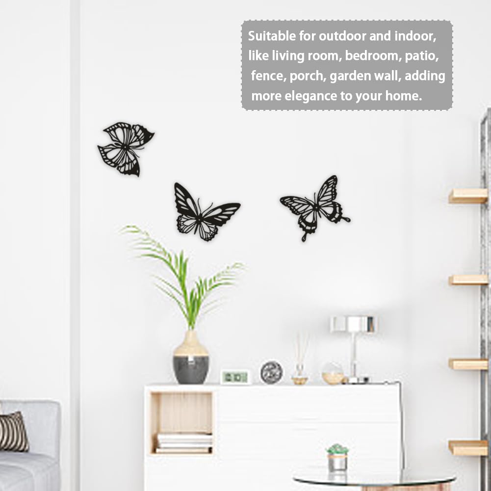 3-teilige Metall-Schmetterling-Wanddekoration Schwarz – Rustikale Wandskulptur Für Garten & Wohnzimmer