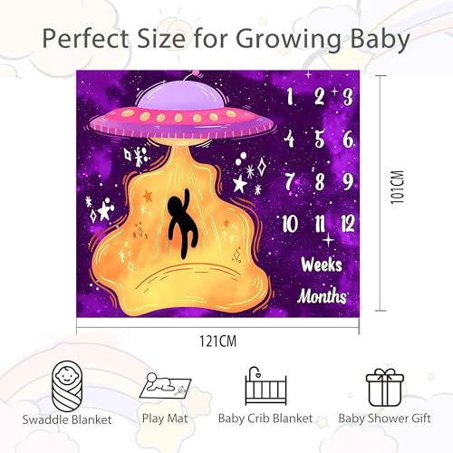 Image of UFO Baby Monthly Milestone Blanket, 48x40in Soft Flannel, Alien Round Spaceship, Newborn Mom Gifts, Baby Shower Age Growth Tracker with Bonus Maker (Purple Pink, 48x40in)