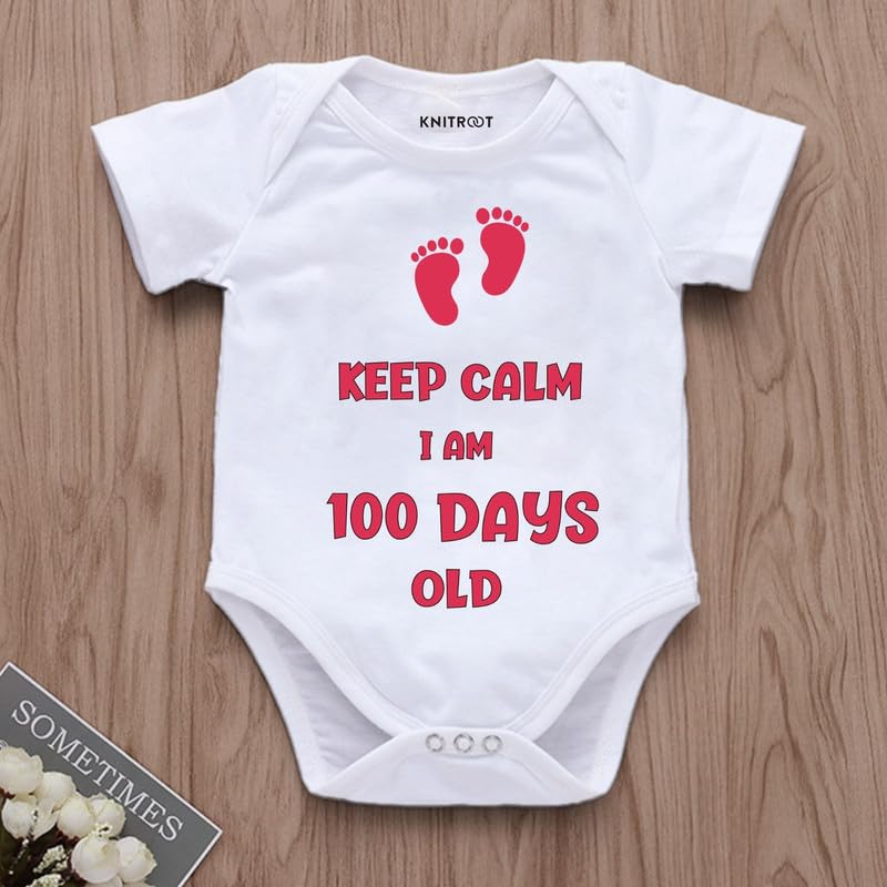 Image of KNITROOT New Born Theme, Keep Calm I Am 100 Days Old, Onesies, Unisex Baby Kids Half Sleeve 100% Cotton Romper, Sleepsuit, Bodysuit, 0-12 Months, Infant Cloths for Boys & Girls