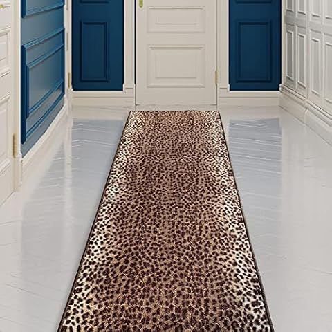 CreativeDeco Custom Made Runner Rug Low Pile with Rubber Backing for Kitchen Foyer Hallway Entry Choose Your Length Size 26 Inch Wide Leopard Design Brown (8 feet x 26 inch) Cover