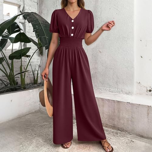Image of HGps8w Jumpsuits for Women Dressy 2026 Summer Button Front V Neck Puff Sleeve Elegant Wide Leg Pants One Piece Romper
