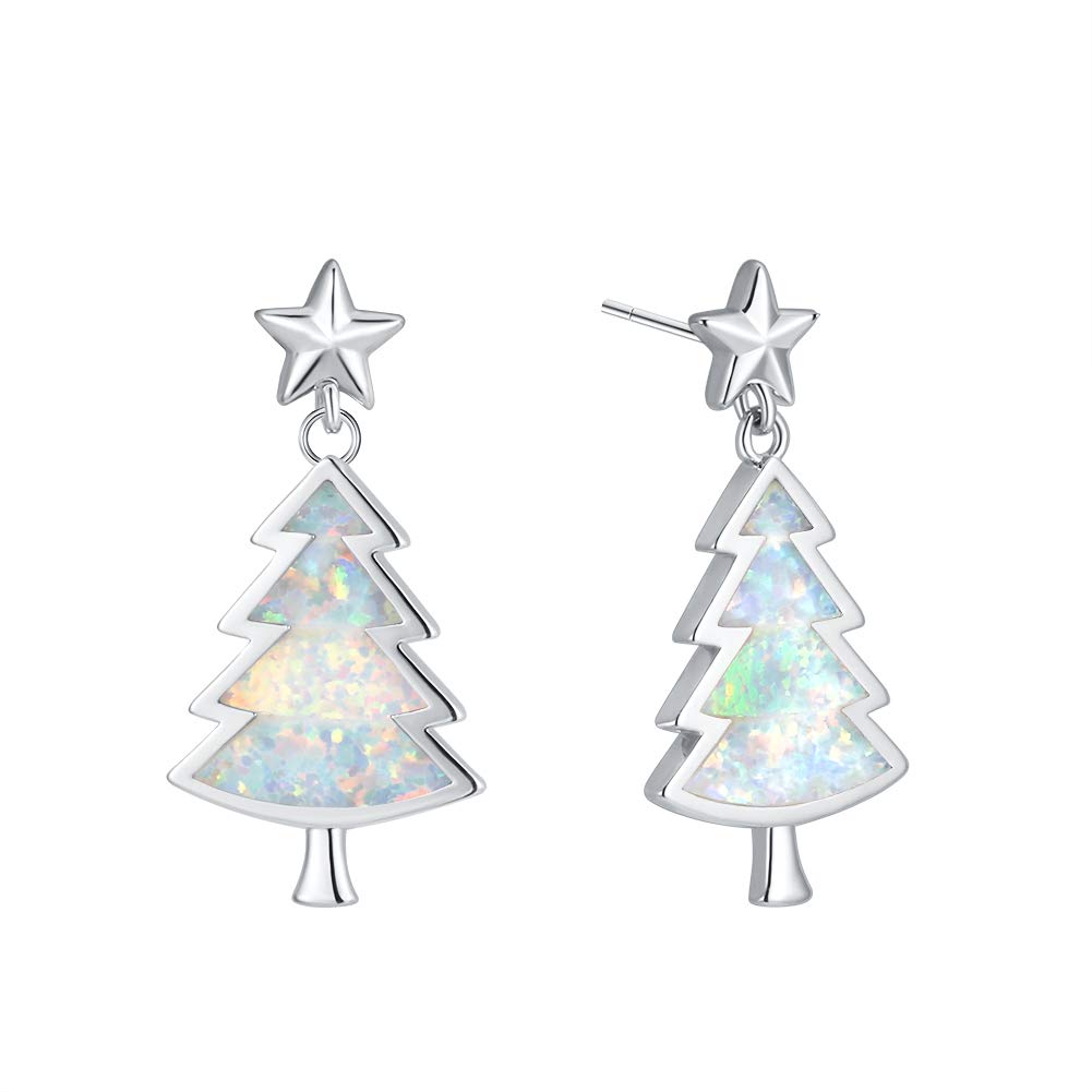 Bamos Sterling Silver Christmas Earrings, 925 Sterling Silver Star Stud Earrings with Opal Christmas Tree Drop Dangle, 6 Colors Hypoallergenic Christmas Earrings, Christmas Gift for Women and Girls