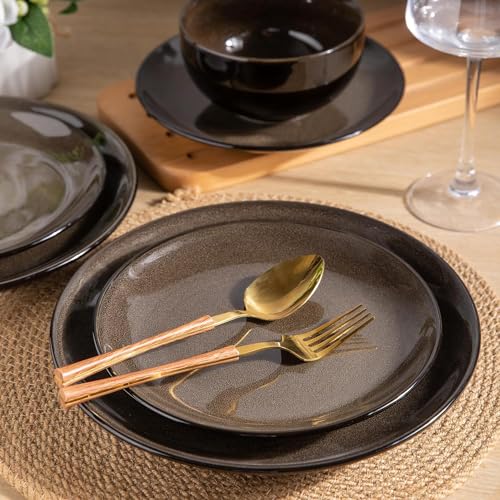 Image of LeRatio Ceramic Dinnerware Sets for 6,Stoneware Plates and Bowls Sets,Handmade Reactive Glaze Dishes Set,Chip Resistant and Scratch Resistant | Oven&Dishwasher & Microwave Safe-Chestnut(18PCS)