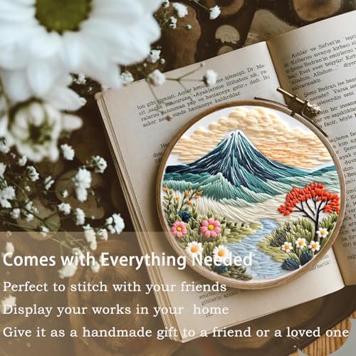 Image of FONNUY Embroidery Kit for Beginners, Flower Hill Nature Landscape Pre-Stamped Pattern Kits for Adults with Hoop, Easy to Follow Color Thread Needlework, 8'' Hoop (Blue)