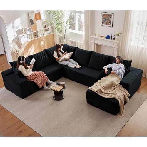 Image of Sectional Cloud Couch with L-Shape Chaise, Modern Modular Comfy Sofa with Deep Seat, Upholstered Corduroy Couches Stupendous U Shaped Sofas for Living Room Bedroom, No Assembly Required, Black