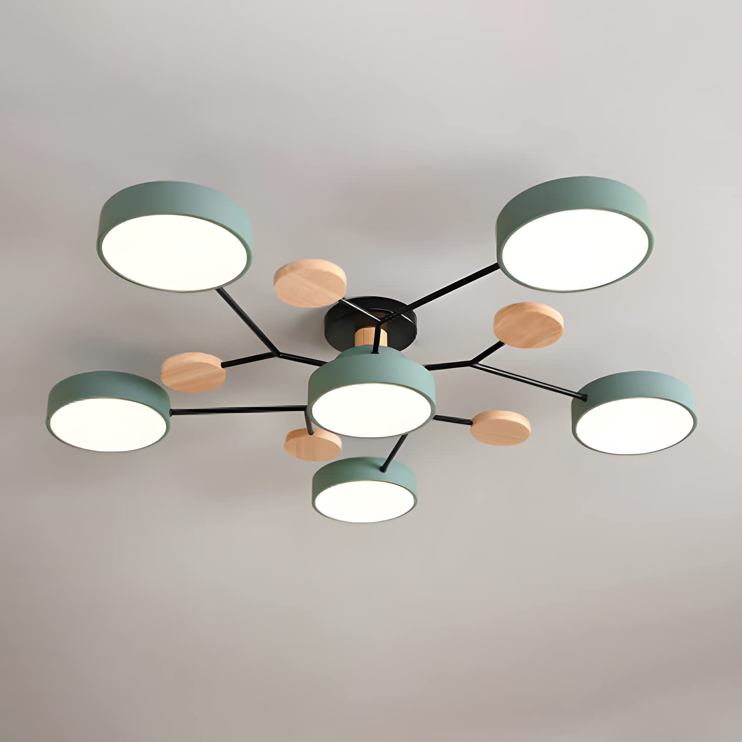 LYMSXAZOU White LED Nordic Semi Flush Mount Ceiling Light with Acrylic Circular Design and Wood Decoration - Modern Chandelier Sputnik Fixture for Living Room, Dining Bedroom