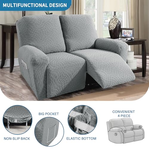 Image of ZNSAYOTX Loveseat Recliner Covers (48 inch-66 inch) New 4-Piece, Fashion Recliner Love Seat Slipcover with Elastic Bottom & Ties Stay in Place, Stretch Reclining Rocker Cover Soft Comfy Washable (Light Gray)