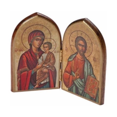 Wood Dyptych Icon 10cm x 9 cm overall. Image of Christ and Our Lady. Religious Wooden Icon of Jesus Christ and Our Lady with the Child Jesus Cover
