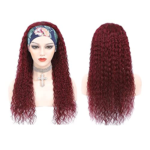 Image of 99J Burgundy Headband Wig Human Hair Deep Wave 20 Inch Red Colored Wigs | Glueless None Lace Front Curly Half Wigs for Black Women,Brazilian Virgin Hair Wear and Go Wig,Machine Made,150% Density