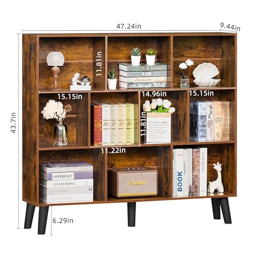 LEYAOYAO 10 Cube Bookshelf,3 Tier Modern Wide Bookcase with Legs,Mid-Century Wood Bookshelves Storage,Brown Large Book Case,Freestanding Organizer Display Shelf for Bedroom,Living Room,Office