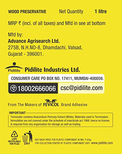 Image of Pidilite Terminator Eco-Friendly Termite Killer Spray| Wood Preservative and Termite, Borer, Insect Repellant Spray| For Home, Kitchen and Offices (1 Ltr)