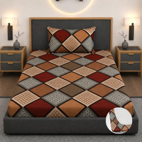 Image of Premium Heavy Cotton Elastic Fitted Bedsheets with 1 King Size Pillow Covers || Single Bed with All Around Elastic 350 TC || 36 x 78 x 6 Inch Single Size Fitted || :- Multi Box