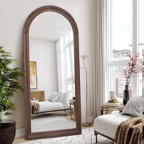 Image of 71x32 Solid Wood Arched Full Length Mirror, Elegant Brown Finish