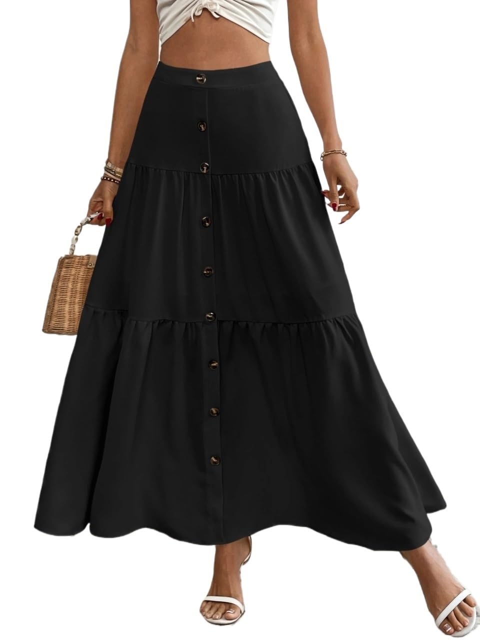 Womens Flowy Trendy Skirt Button Front Ruffle Hem Skirt