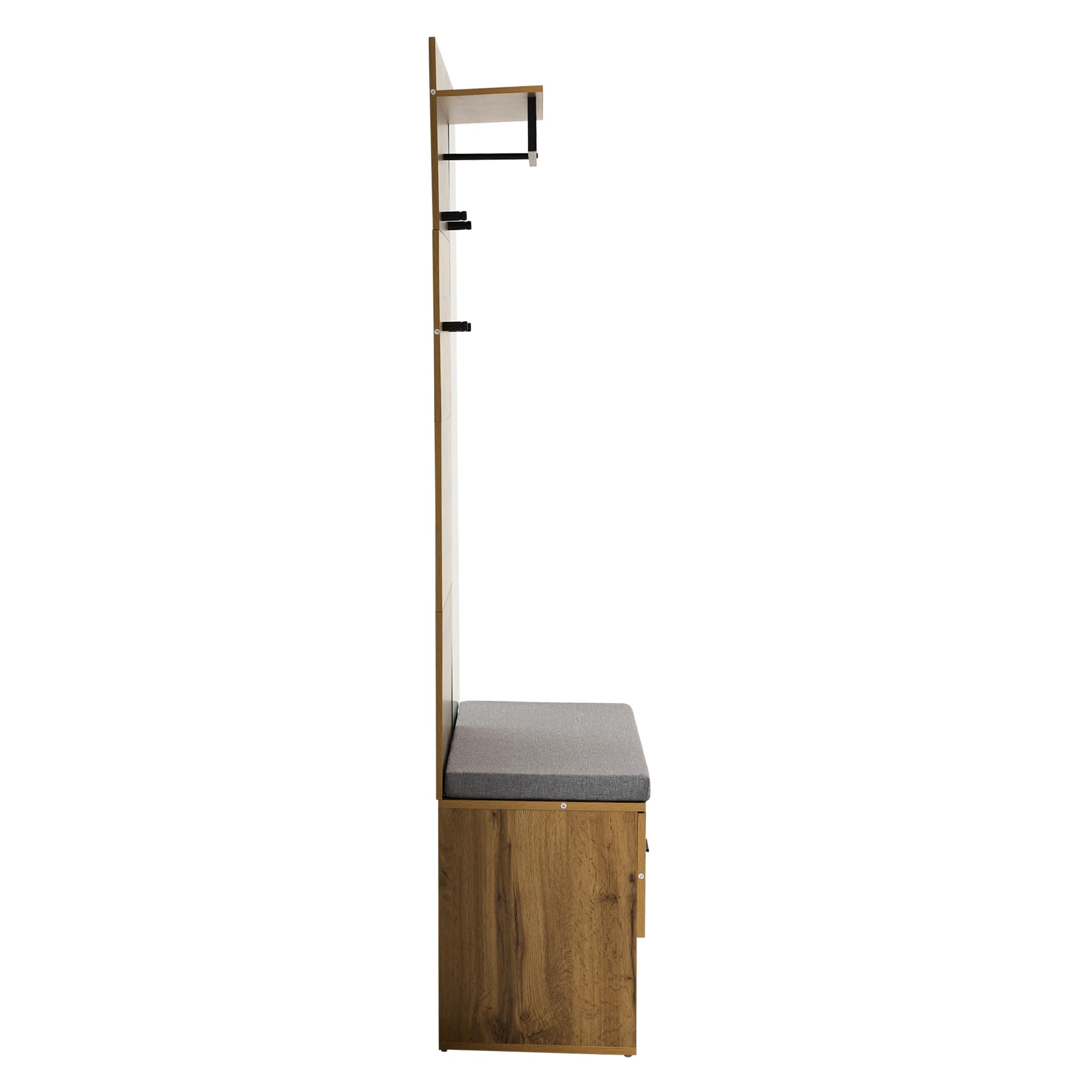 Juego de perchero de 190 cm de alto, efecto madera, con espejo, zapatero (104 x 39 cm) con cojín, zapatero, cajón, estante, perchero, diseño práctico para la entrada
