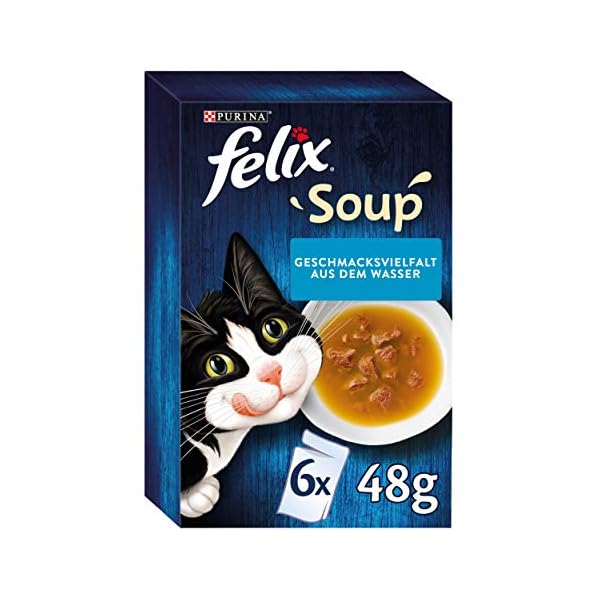 Felix Katzennassfutter Soup Geschmacksvielfalt aus dem Wasser mit Kabeljau, Thunfisch, Scholl, 8er Pack (6 x 48 g) Portionsbeutel