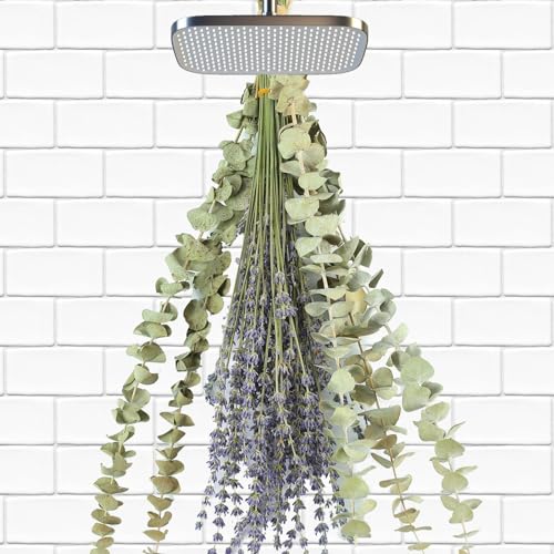 Image of 65 PCS Dried Eucalyptus Stems & Lavender Flowers Bundle for Shower, 17'' Natural Real Live Eucalyptus Leaves Greenery Hanging Lavender Shower Plant for SPA Home Fragrance Bathroom Wall Decor