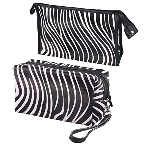 2Pcs Zebra Pattern Bag Cosmetic Bag Zipper Pouch Leather Make Up Bag Organizer, Travel Toiletry Bag for Women Girls with Carrying Strap