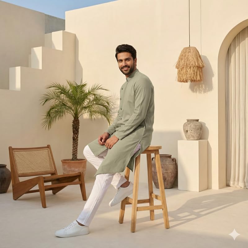 Image of OOMPH! Men's Ethnic Traditional Asymmetric Kurta Polycotton Regular Fit | High Neck Full Sleeves | Traditional Indian Festive Kurta | Stylish Casual and Wedding