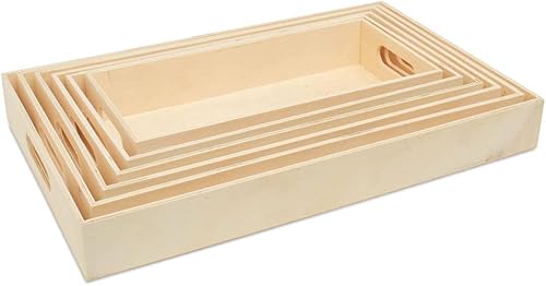 Bandejas de madera sin terminar con asas, juego de 6, para manualidades, resina, organización, decoración de bricolaje y actividades Montessori, por